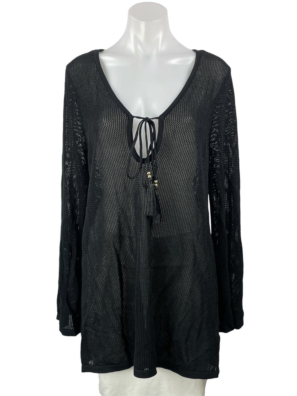 NEW House of Harlow 1960 Black Long Sleeve Tie Mesh Sheer Beach Cover Up Size L